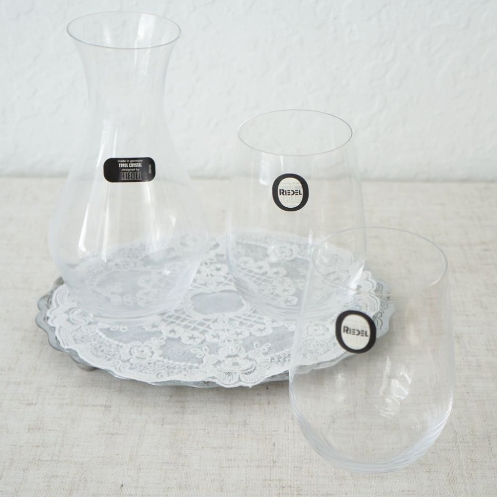 Riedel O Sake Set Wine Glasses Made in Germany Two Glasses One Decanter